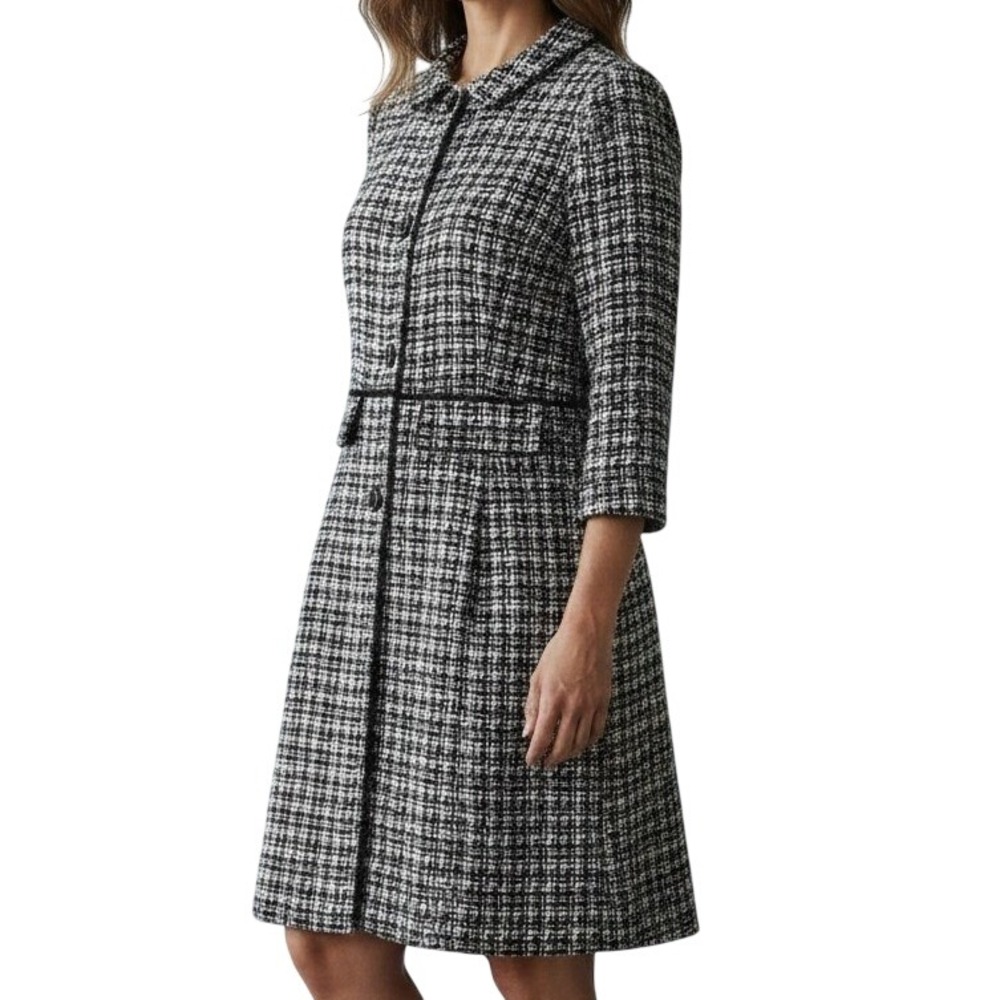 Nine‎ West Tweed Coat Womens Small Black White Houndstooth Snap Front Boucle Mod